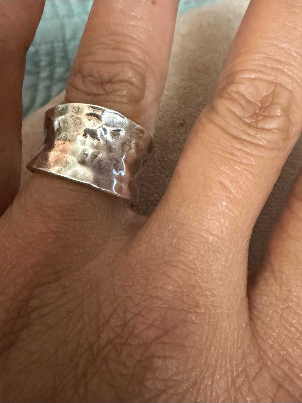 Handcrafted Wide Hammered Silver Ring - Silver